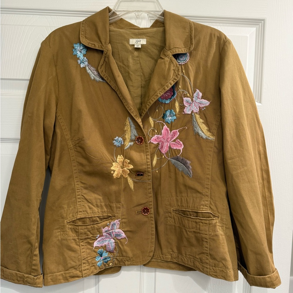 J Jill Tan Button Down Jacket Floral Embroidery Detail Women’s Medium Petite MP